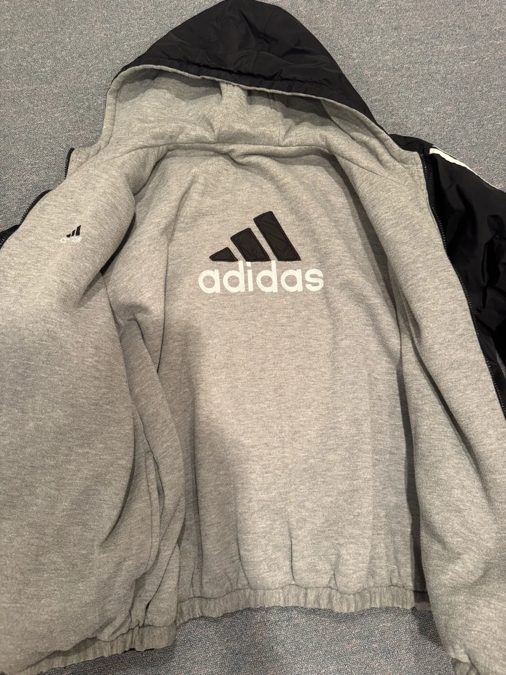 Vintage Adidas Black Hooded Reversible Hooded Puffer Jacket with White Stripe